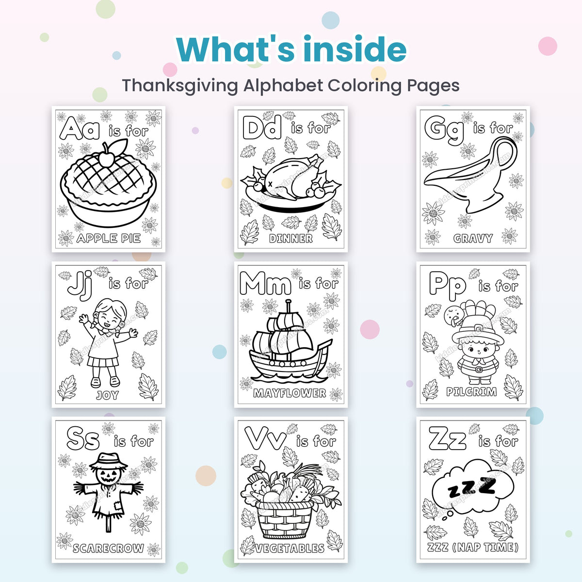 Inside pages of Thanksgiving Alphabet Coloring Pages