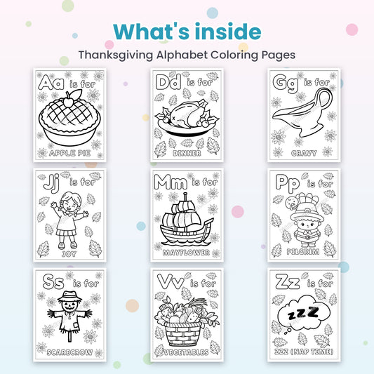 Inside pages of Thanksgiving Alphabet Coloring Pages