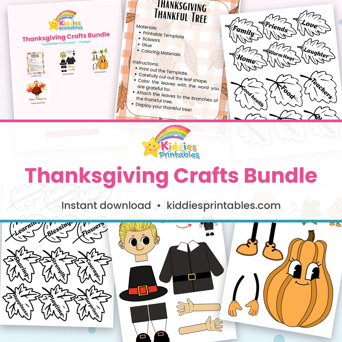Thanksgiving crafts collage: thankful tree, pilgrim, squash, turkey