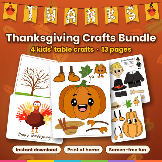 Thanksgiving Crafts Bundle - 4 printable kids' table crafts: handprint turkey, pilgrim, pumpkin and thankful tree