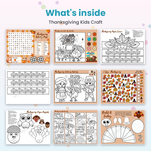 Inside pages of Thanksgiving Kids Craft Pack