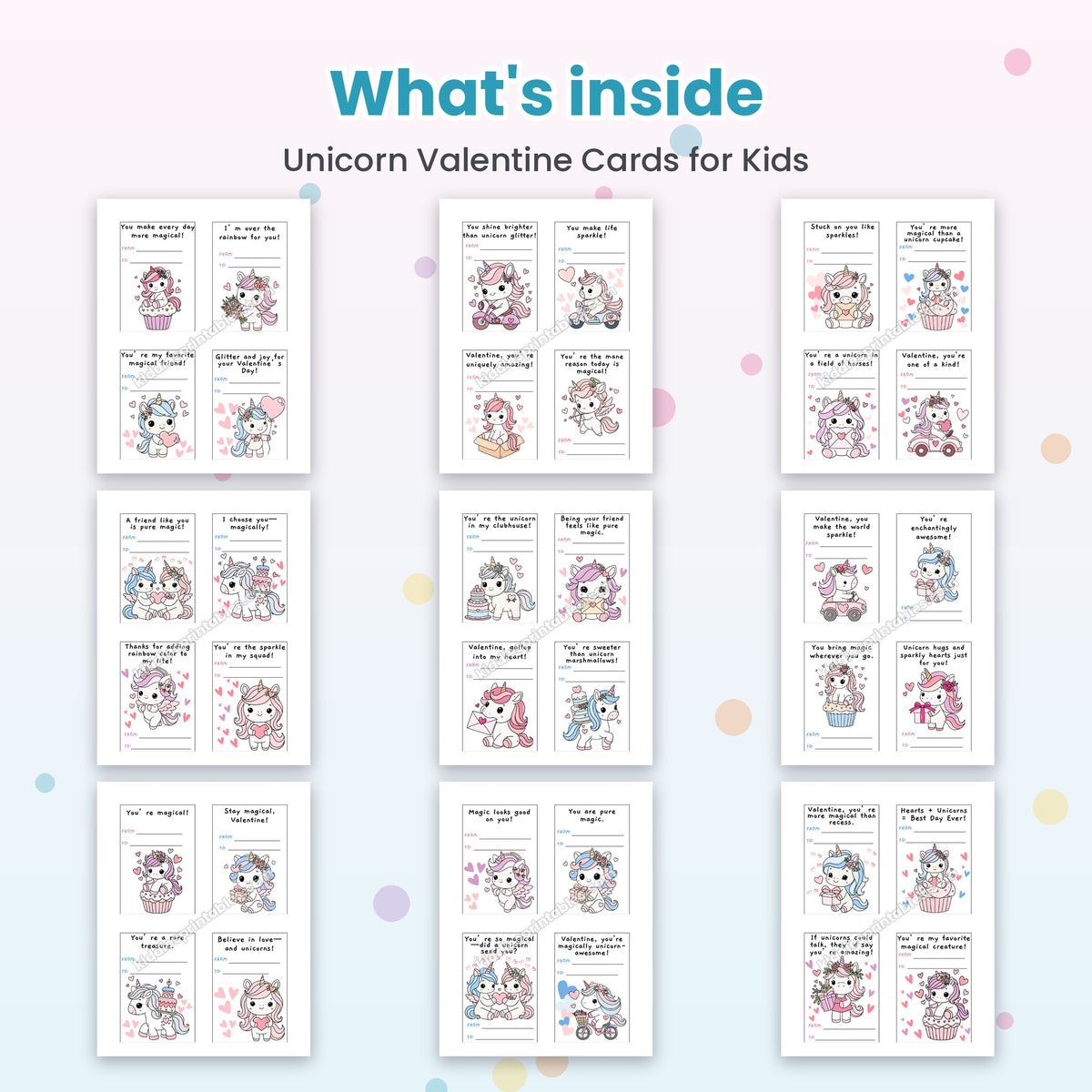 Unicorn Valentine Cards for Kids – what's inside