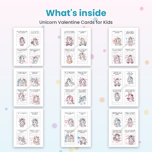 Unicorn Valentine Cards for Kids – what's inside