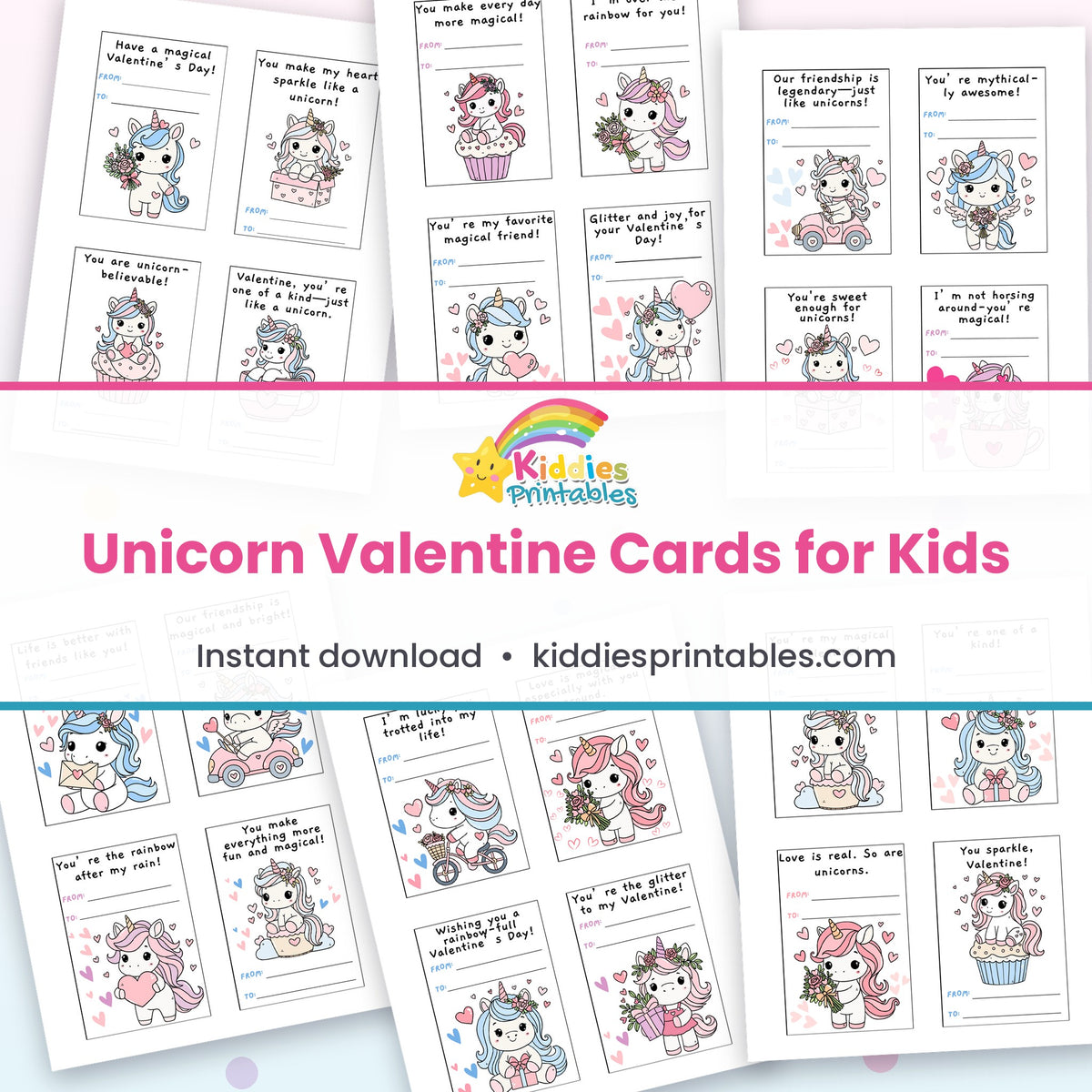 Unicorn Valentine Cards for Kids – page collage