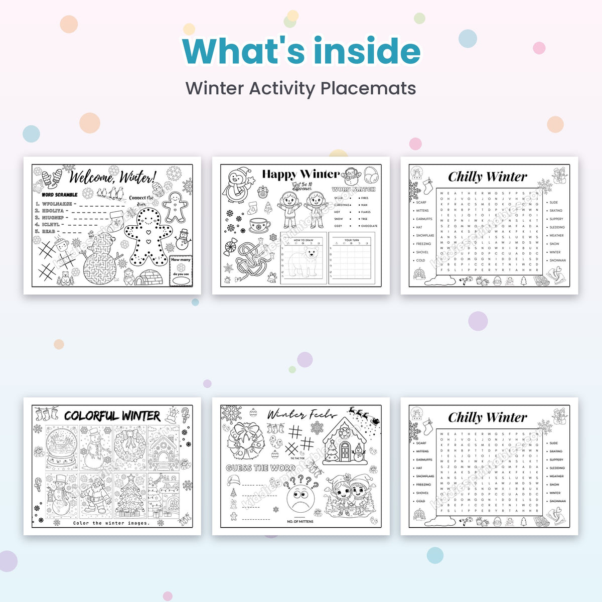 Winter Activity Placemats printable – inside pages preview