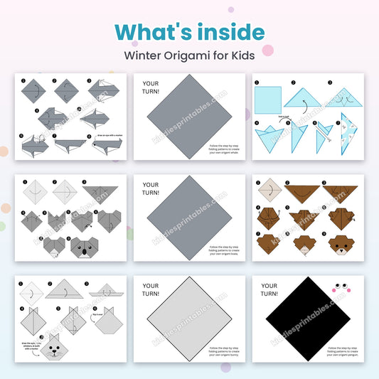 Winter Origami for Kids printable – inside pages preview