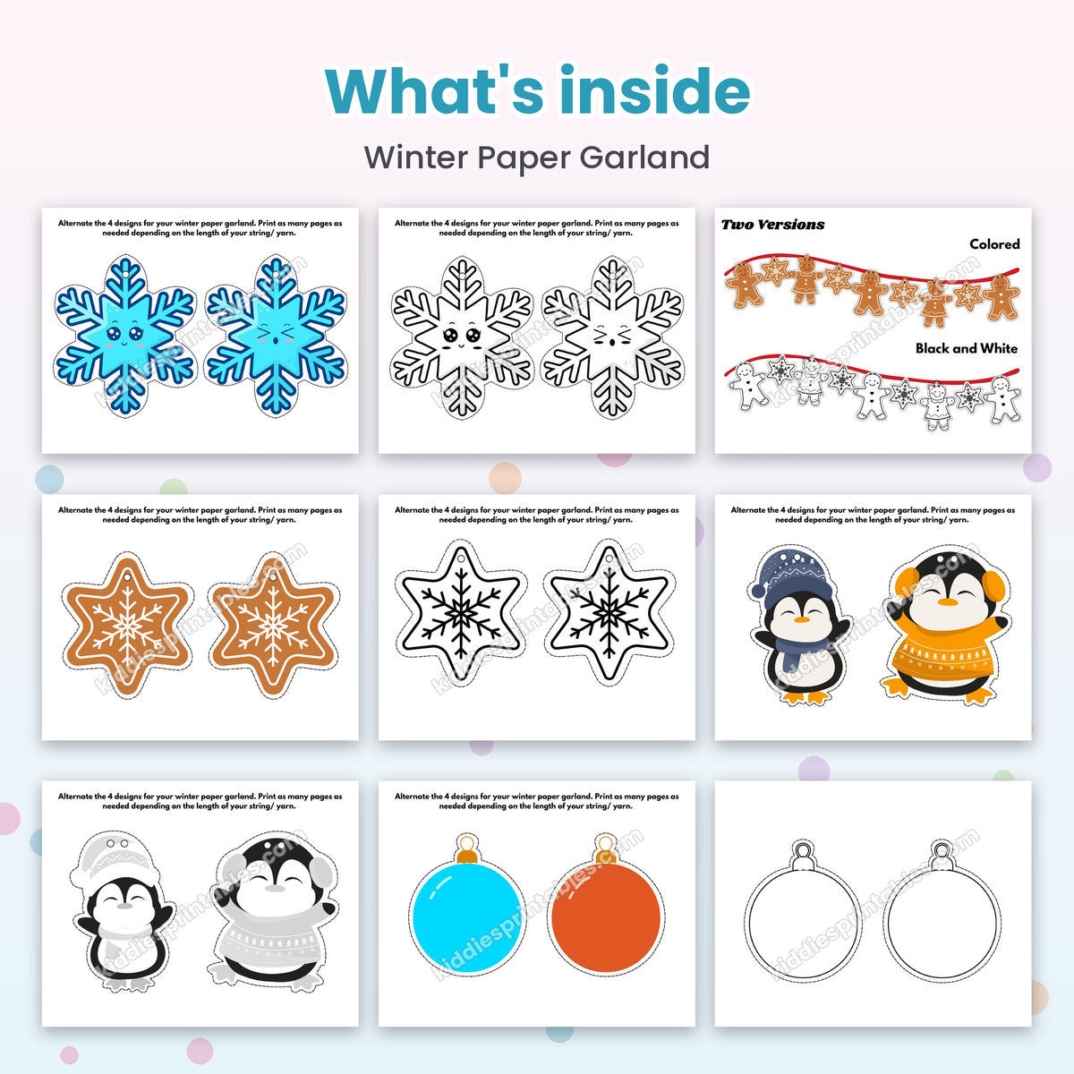 Winter Paper Garland printable – inside pages preview
