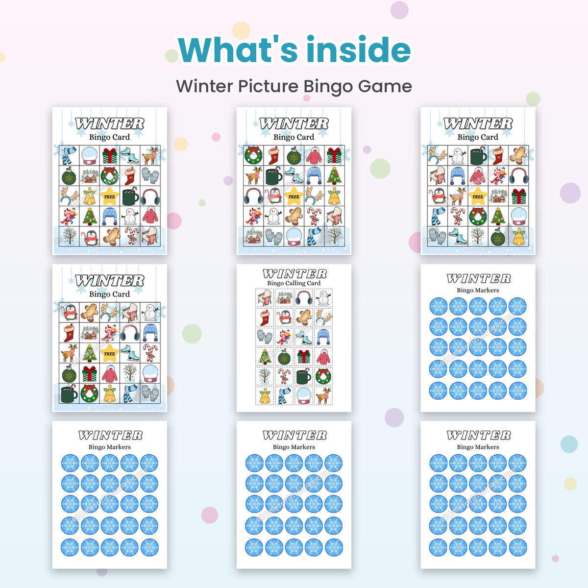 Winter Picture Bingo Game printable – inside pages preview