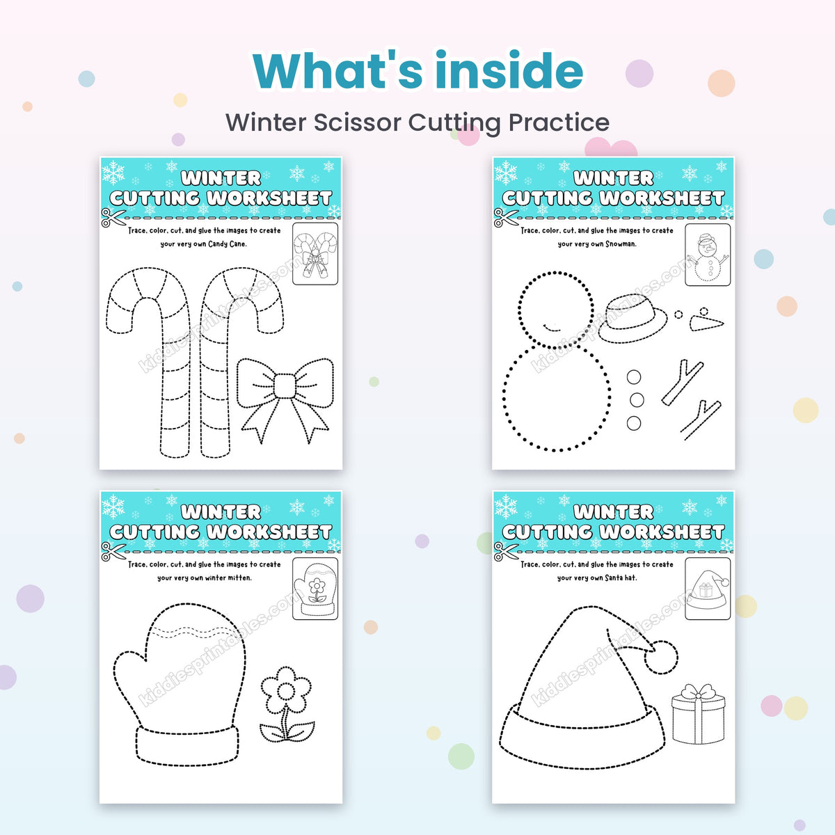 Winter Scissor Cutting Practice printable – inside pages preview