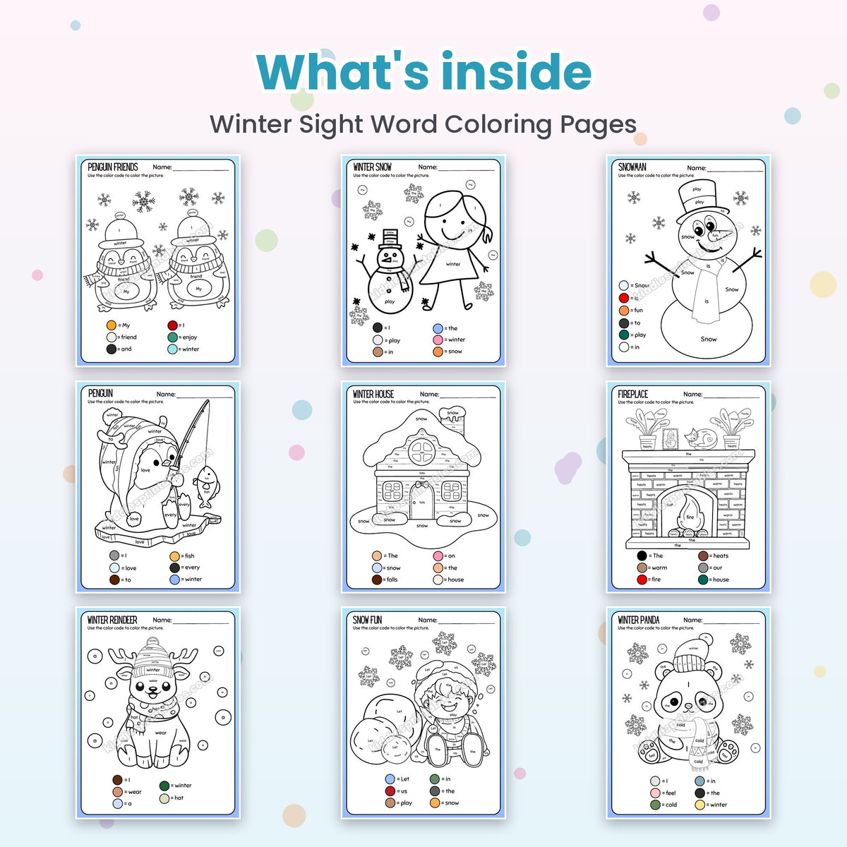 Inside pages of Winter Sight Word Coloring Pages