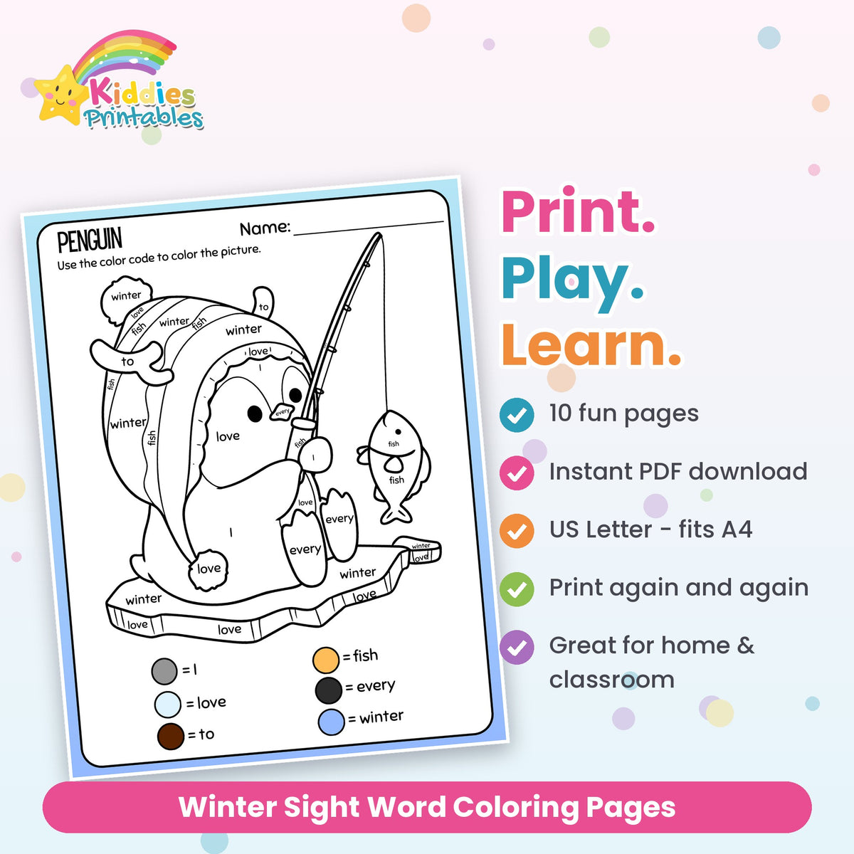 Winter Sight Word Coloring Pages features