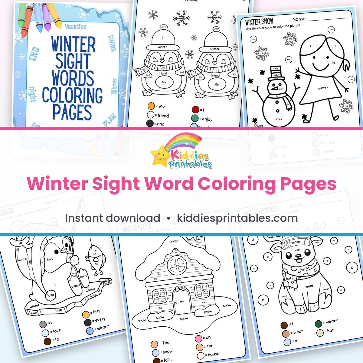 Winter sight word coloring pages collage