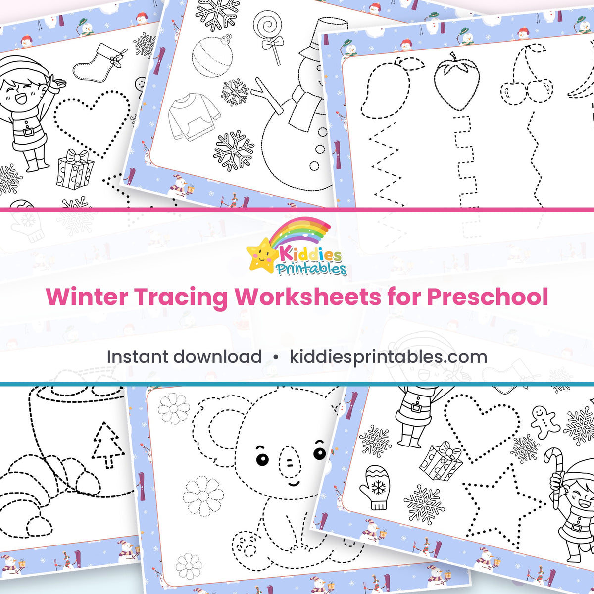 Winter Tracing Worksheets for Preschool printable – page collage